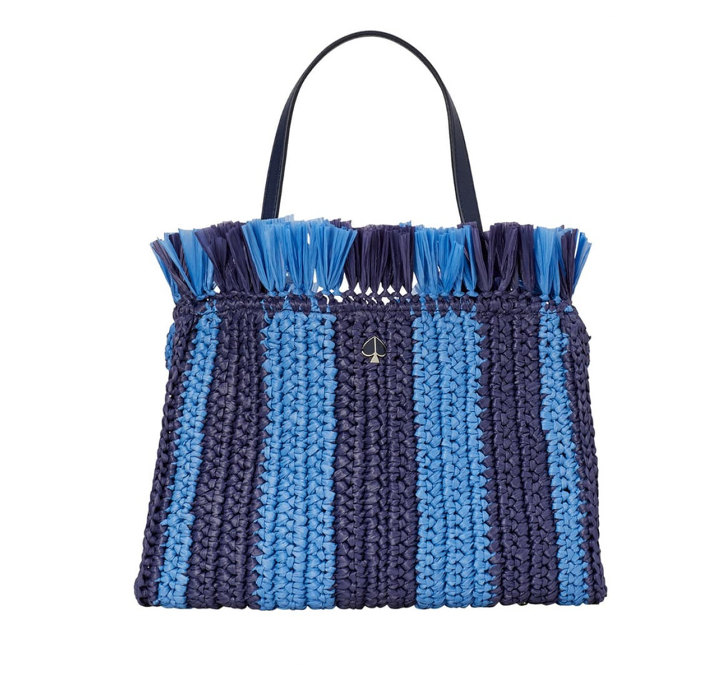 NWT Kate Spade Sam Blue & Navy Striped Straw Medium Satchel